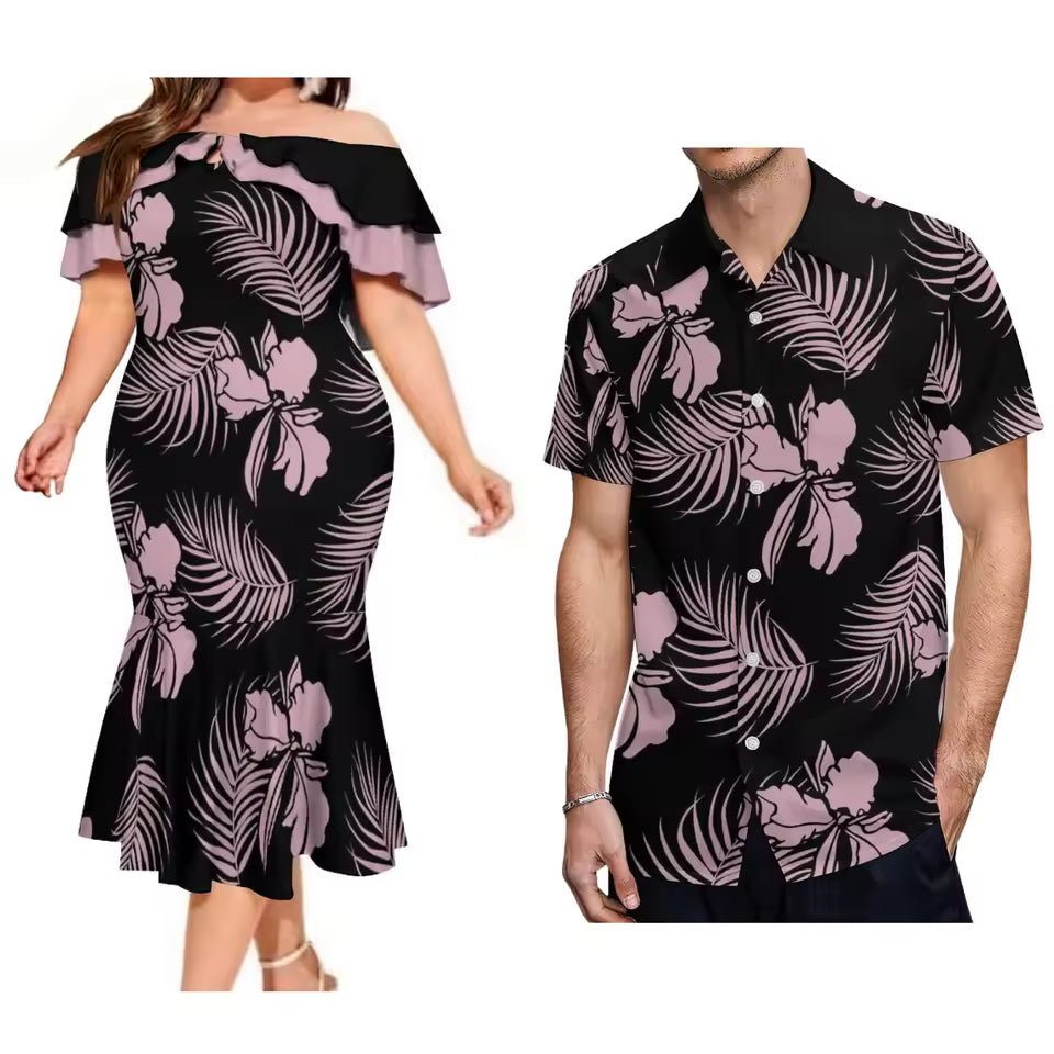 Polynesian Summer Matching Outfit For Couple Polynesian Tropical Printed Ruffled Fishtail Dress And Hawaiian Shirt Matching Set
