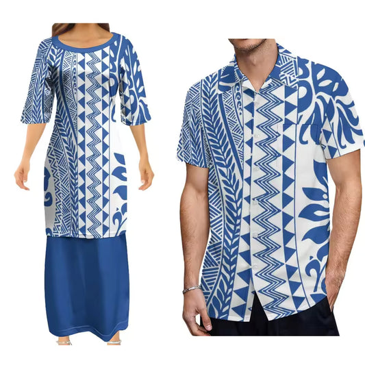 Polynesian Tribal Pattern Blue Couple Set Outfit Women's Dress Men's Hawaiian Shirt Polynesian Matching Outfit