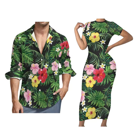 Hawaii Hibiscus Flowers Leaf Pattern Matching Outfit For Couples Tight Short Sleeve Dress Style Men Long Sleeve Shirt