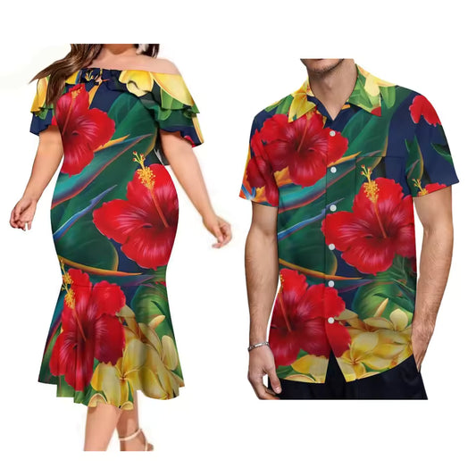 Hibiscus Tropical Matching Outfit For Couple Polynesian Ruffled Fishtail Dress And Hawaiian Shirt Ourfit Set