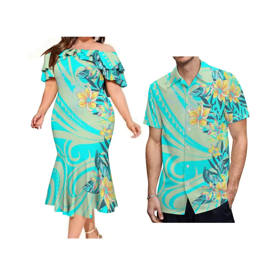 Polynesian Tribal Flower Pattern Matching Outfit For Couple Polynesian Ruffled Fishtail Dress And Hawaiian Shirt Set