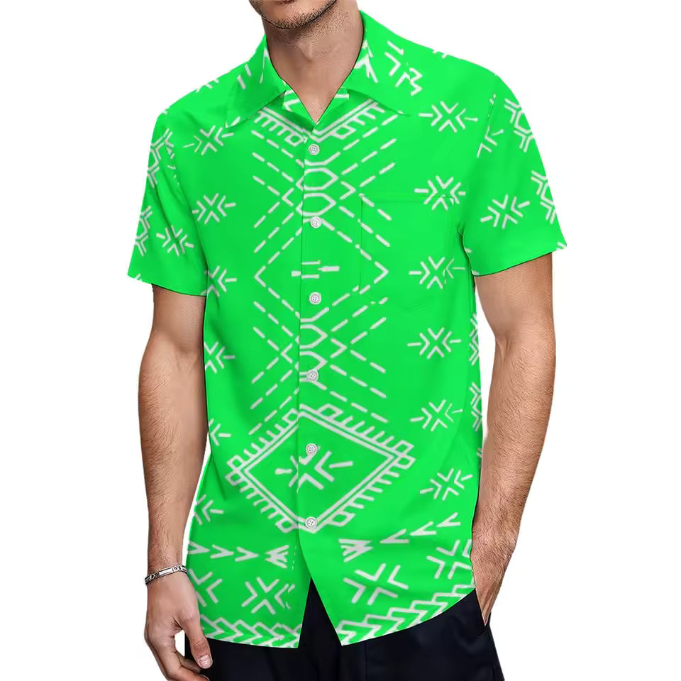 Samoan Green Neon Puletasi Polynesian Tattoo Pattern Matching Outfit For Couple Women Dresses lady Design Dress Matching Men's Short-Sleeved Shirts Couple Suit