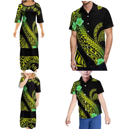 Polynesian Tribal Pattern Printed Family Set Women's Puletasi Men'S Shirt Adult Children Black Matching Outfit For Family Clothing