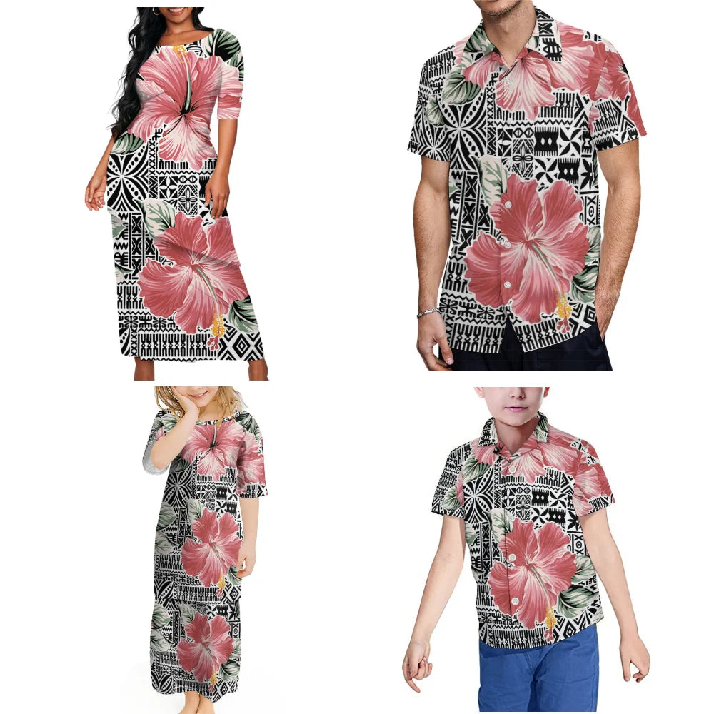 Hibiscus Flowers Family Party Clothing Polynesian Patterned Tribe Women Girls Puletasi Suit Skirt Men Boys Shirt