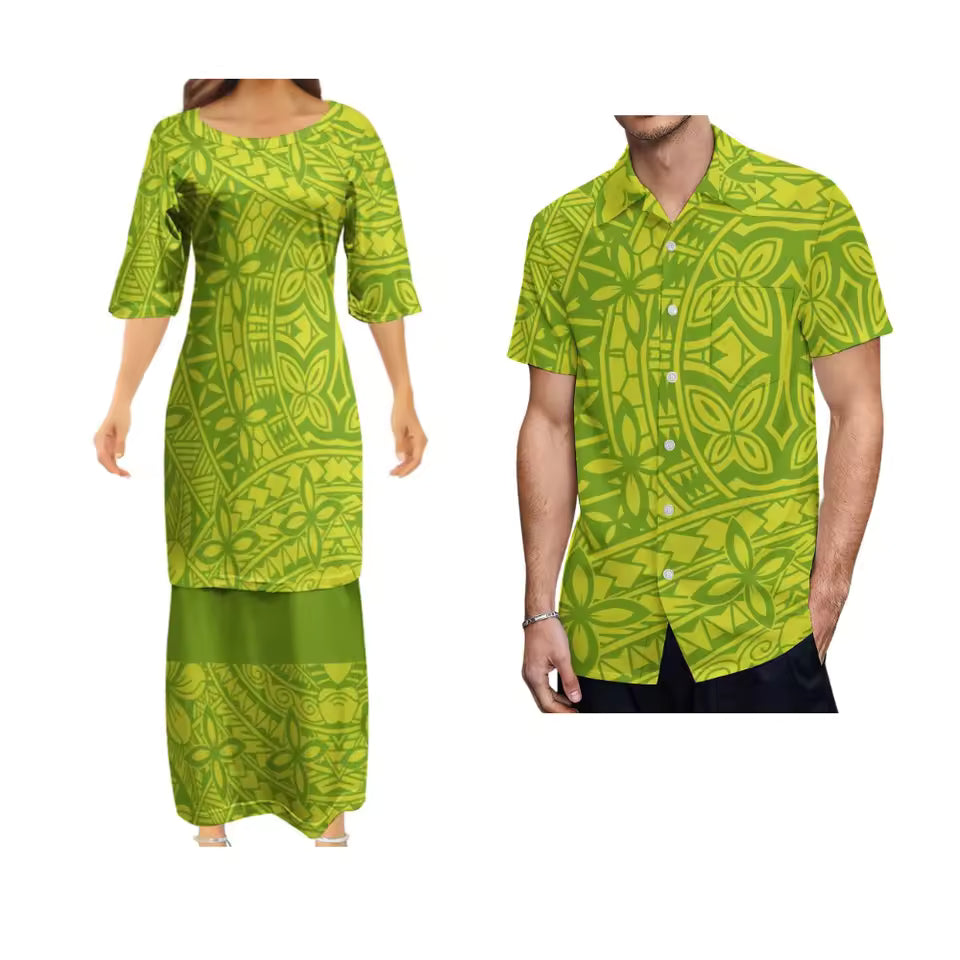 Polynesian Tribe Print Matching Outfit For Couple Ladies Elegant Puletasi And Hawaiian Shirt Couple Set