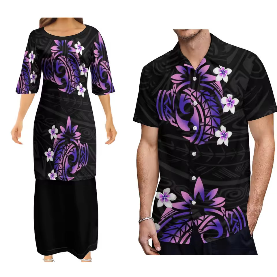 Polynesian Plumeria Flowers Pattern Printed Couple Set Outfit  Women's Dress Men's Shirt Polynesian Matching Outfit
