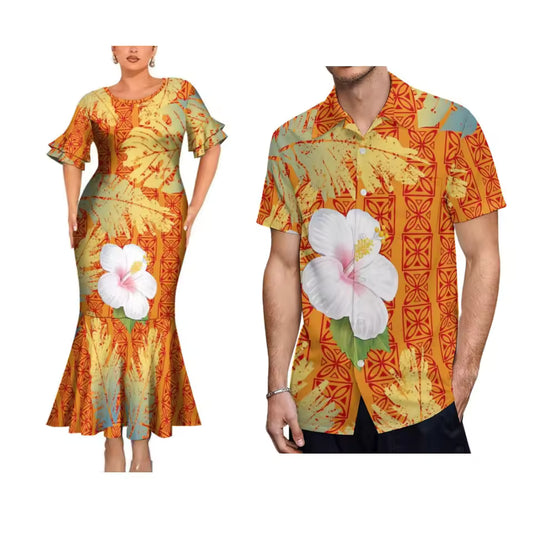 Hibiscus Flowers Polynesian Couple Matching Outfit Polynesian Tribal Island Short Sleeve Mermaid Long Dress And Hawaiian Shirt Outfit Set