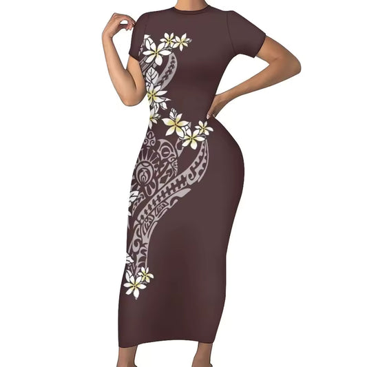 Matching Outfit For Couples Polynesian Plumeria Tight Short Sleeve Dress Style Men Long Sleeve Shirt