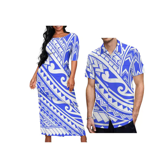 Polynesian Tribal Pattern Blue White Couple Matching Outfit For Her Him Printed Samoa Puletasi Dress Two-Piece Suit With Men's Shirt Outfit Set