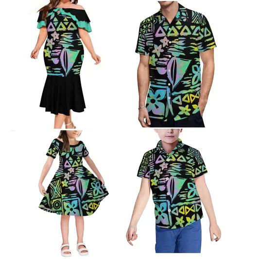 Polynesian Tribal Pattern Vintage Matching Outfit For FamilyTropical Ruffled Long Dress And Shirt For Family Members