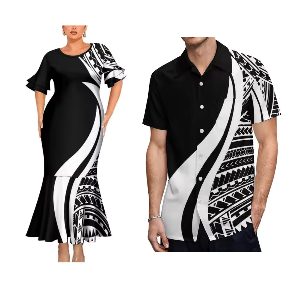 Polynesian Printed Black Couple Matching Outfit Polynesian Tribal Tribal Short Sleeve Mermaid Long Dress And Hawaiian Shirt Outfit Set