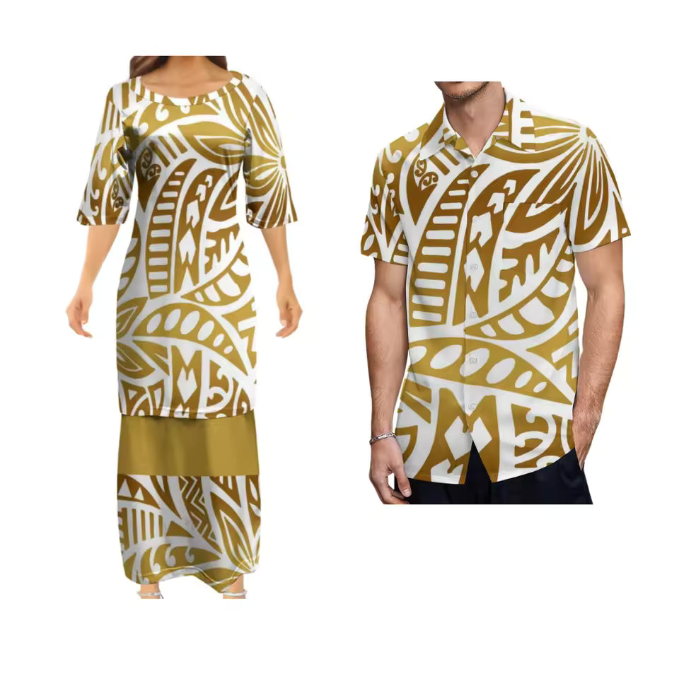 Polynesian Tribe Pattern Matching Outfit For Couple Ladies Elegant Puletasi Dress For Her And Hawaiian Shirt For Him