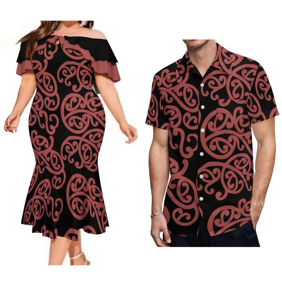 Polynesian Matching Outfit For Couple Polynesian Tribal Pattern Printed Ruffled Fishtail Dress And Hawaiian Shirt Matching Set