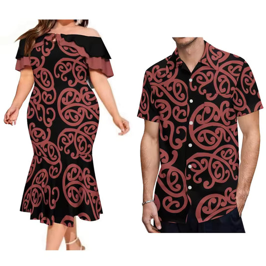 Polynesian Matching Outfit For Couple Polynesian Tribal Pattern Printed Ruffled Fishtail Dress And Hawaiian Shirt Matching Set