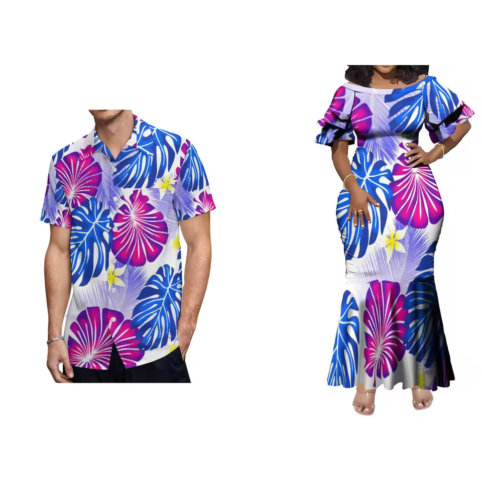 Polynesian Tropical Leaf Pattern Matching Outfit For Couple Women'S Short-Sleeved Mermaid Dress Party Men's Hawaiian Shirt