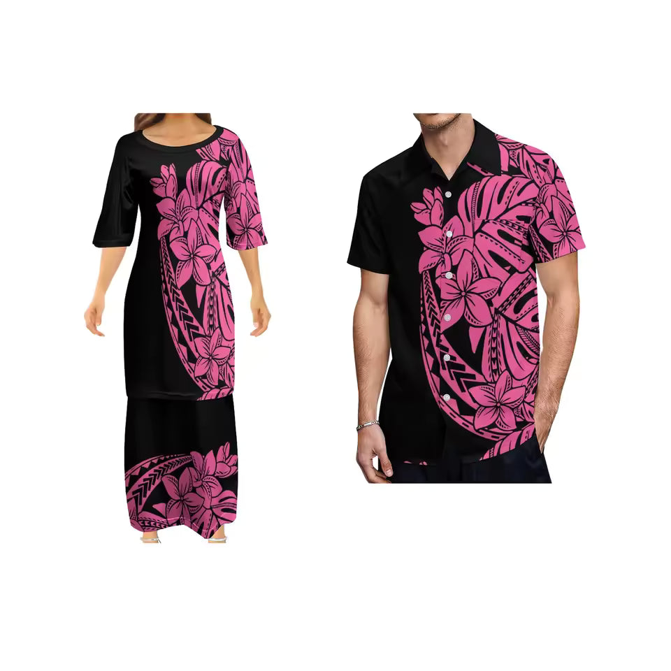 Polynesian Flowers Tropical Pattern Couple Matching Outfit Shirts for Men Puletasi Traditional Dress Couple Set