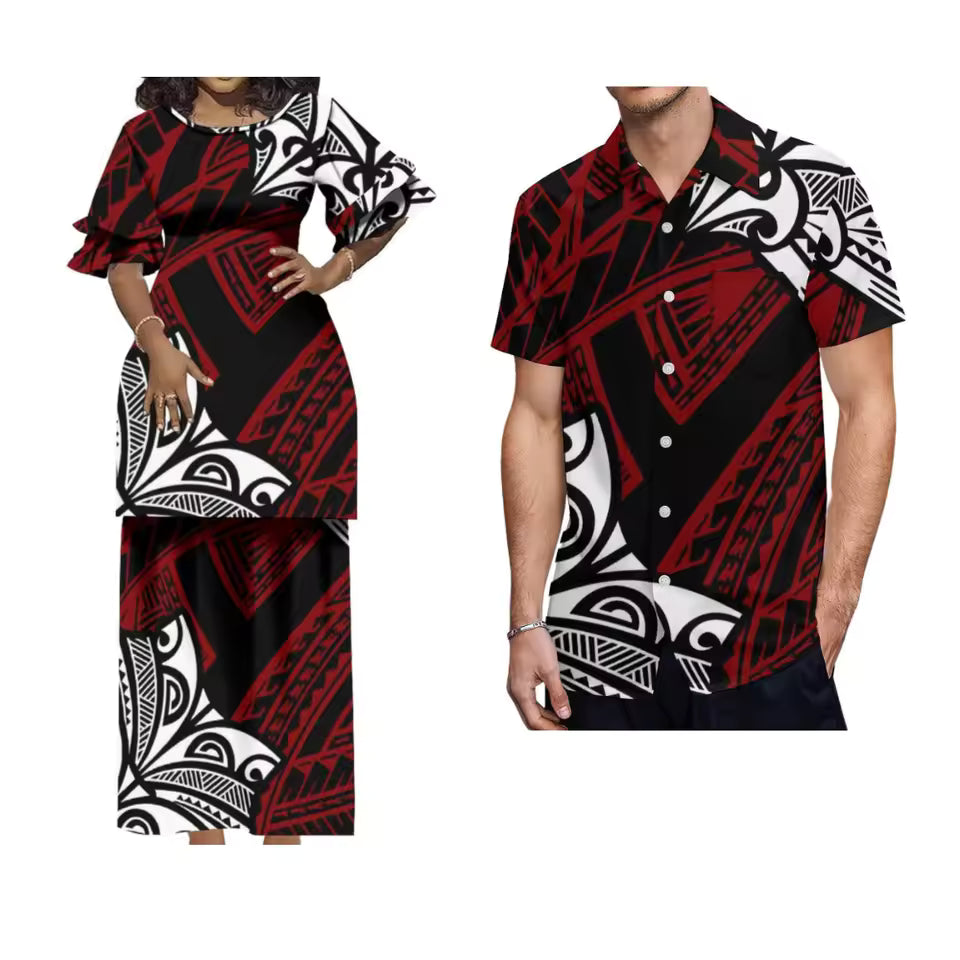 Red Polynesian Tribal Pattern Printd Matching Outfit For Couple Puletasi Double layer Horn Sleeve Dress For Her and Hawaii Shirt For Him