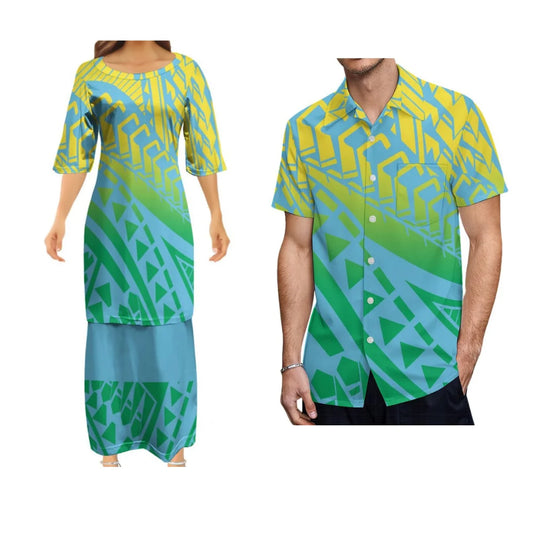 Samoan Polynesian Tribal Pattern Outfit For Couple Polynesian Puletasi Dress And Hawaiian Shirts Set For Her Him