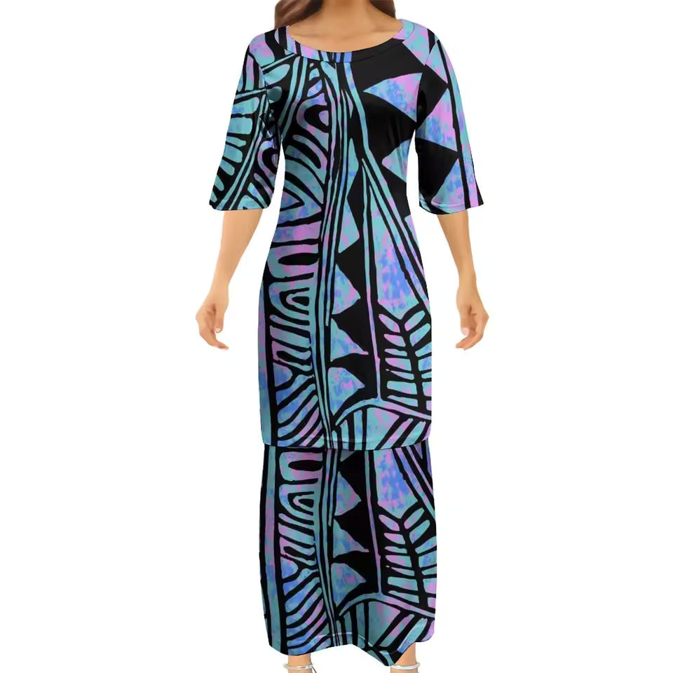 Island Art Matching Outfit For Couple Polynesian Dress Summer Puletasi Elegant Set Dress And Hawaiian Shirt Party Dress