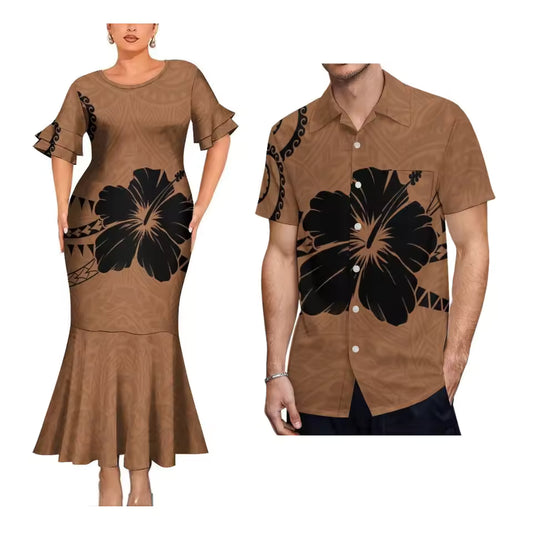 Polynesian Tribal Hibiscus Flowers Pattern Brown Matching Outfit For Couple Polynesian Short Sleeve Mermaid Long Dress And Hawaiian Shirt