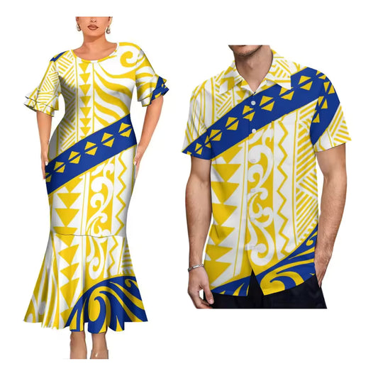 Island Style Matching Outfit For Couple Polynesian Tribal Printed Yellow Short Sleeve Mermaid Long Dress And Hawaiian Shirt