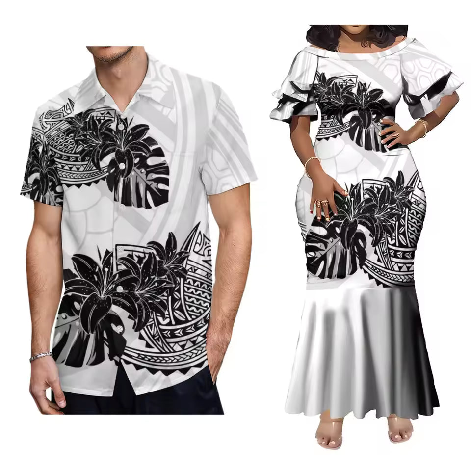 Polynesian Tribal Printed Flowers Outfit Couple For Her Him Short Sleeve Mermaid Long Dress And Hawaii Shirt Matching Outfit For Couple