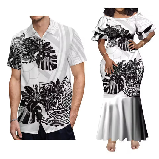 Polynesian Tribal Printed Flowers Outfit Couple For Her Him Short Sleeve Mermaid Long Dress And Hawaii Shirt Matching Outfit For Couple