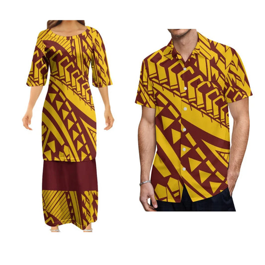 Polynesian Tribal Pattern Outfit For Couple Polynesian Puletasi Dress And Hawaiian Shirts Set For Her Him