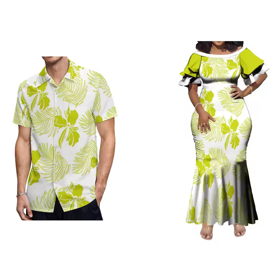 Tropical Pattern Polynesian Tribal Couple Set For Her Him Island Matching Outfit Short Sleeve Mermaid Long Dress And Hawaiian Shirt Outfit Set