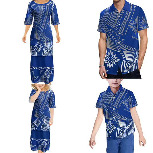 Blue Polynesian Tribal Pattern Printed Family Set Women's Puletasi Men'S Shirt Adult Children Matching Outfit For Family Clothing