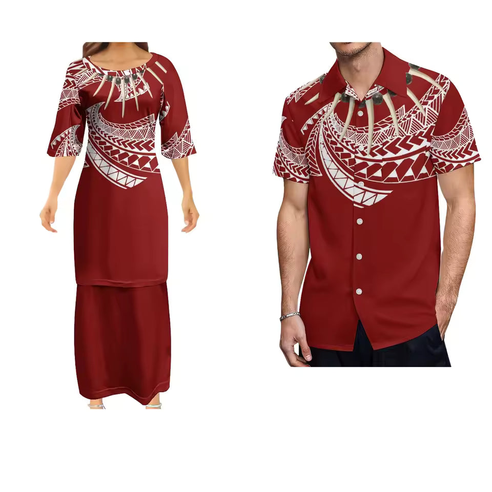 Samoan Necklace Ula Nifo Polynesian Pattern Matching Outfit For Couple Polynesian Puletasi Dress And Hawaiian Shirts Couple Set