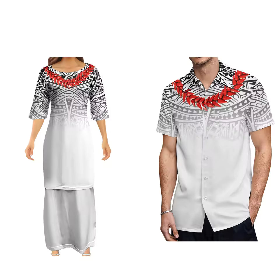 Samoan Necklace Polynesian Flowers Pattern White Matching Outfit For Couple Polynesian Puletasi Dress And Hawaiian Shirts Couple Set