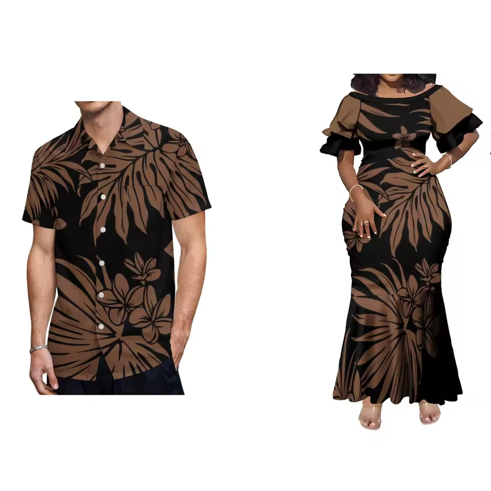Brown Leaf Pattern Polynesian Tribal Couple Set For Her Him Island Matching Outfit Short Sleeve Mermaid Long Dress And Hawaiian Shirt Outfit Set