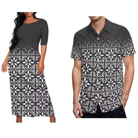 Polynesian Tribal Pattern Printed Couple Set Island Puletasi Dress Two-Piece Suit With Men's Shirt Matching Set