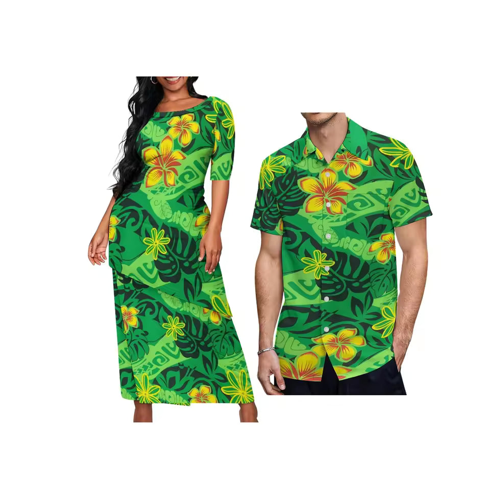 Polynesian Tribal Flowers Pattern Green Couple Matching Outfit For Her Him Printed Samoa Puletasi Dress Two-Piece Suit With Men's Shirt Outfit Set