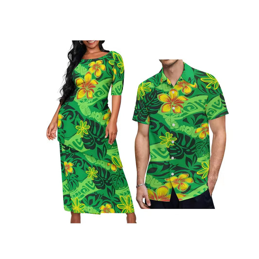 Polynesian Tribal Flowers Pattern Green Couple Matching Outfit For Her Him Printed Samoa Puletasi Dress Two-Piece Suit With Men's Shirt Outfit Set