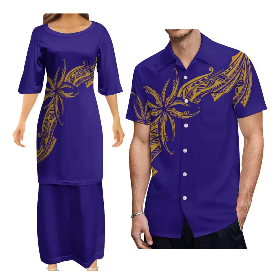 Matching Couple Outfit Polynesian Tribal Flowers Pattern Dress Samoan Puletasi Dress Two-Piece Suit With Men's Shirt Couple Suit