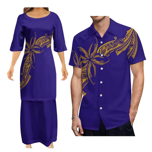 Matching Couple Outfit Polynesian Tribal Flowers Pattern Dress Samoan Puletasi Dress Two-Piece Suit With Men's Shirt Couple Suit