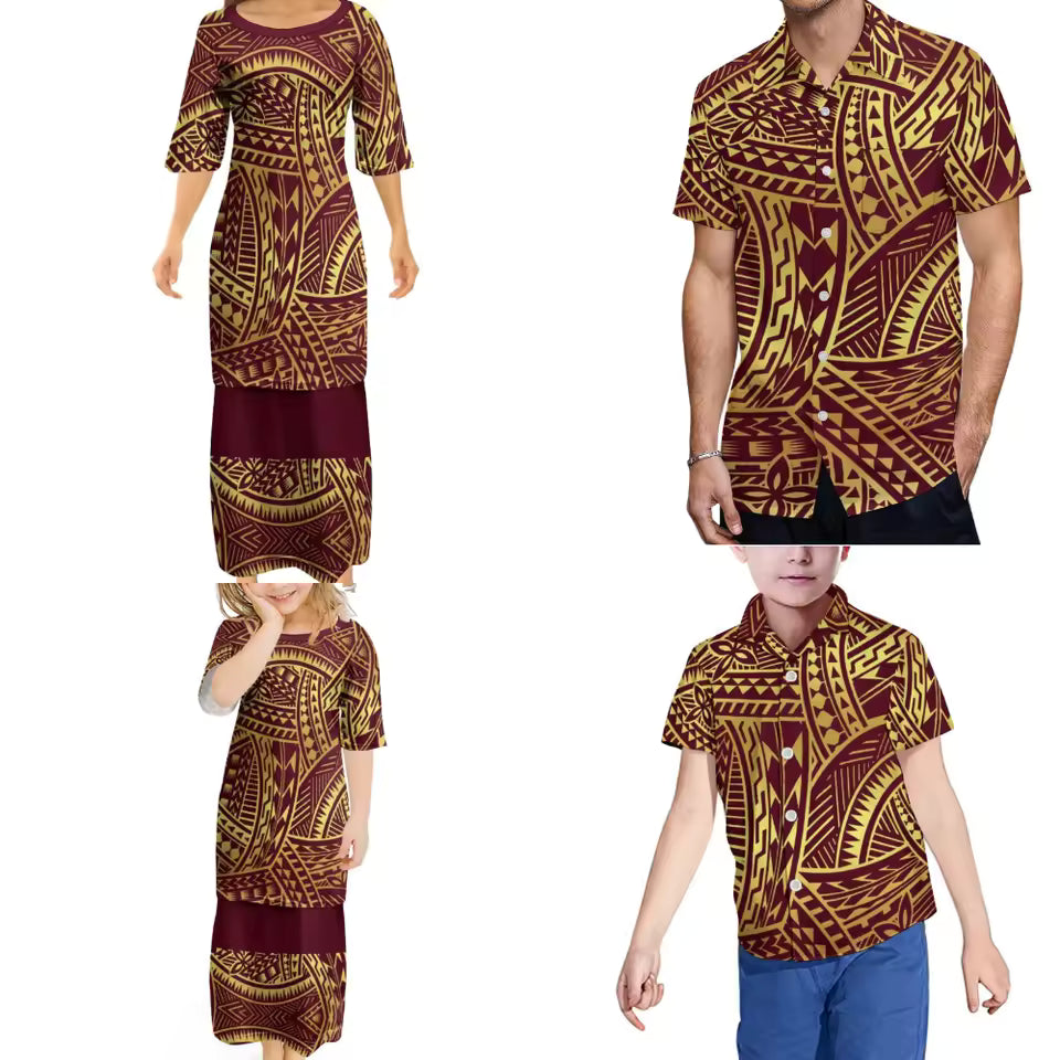 Brown Polynesian Tribal Pattern Printed Family Set Women's Puletasi Men'S Shirt Adult Children Matching Outfit For Family Clothing