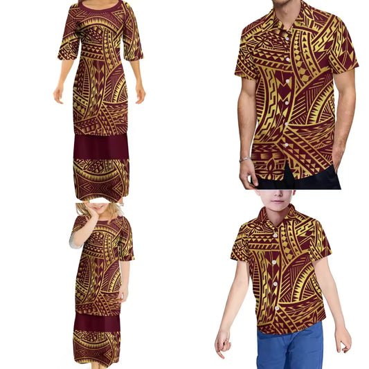 Brown Polynesian Tribal Pattern Printed Family Set Women's Puletasi Men'S Shirt Adult Children Matching Outfit For Family Clothing