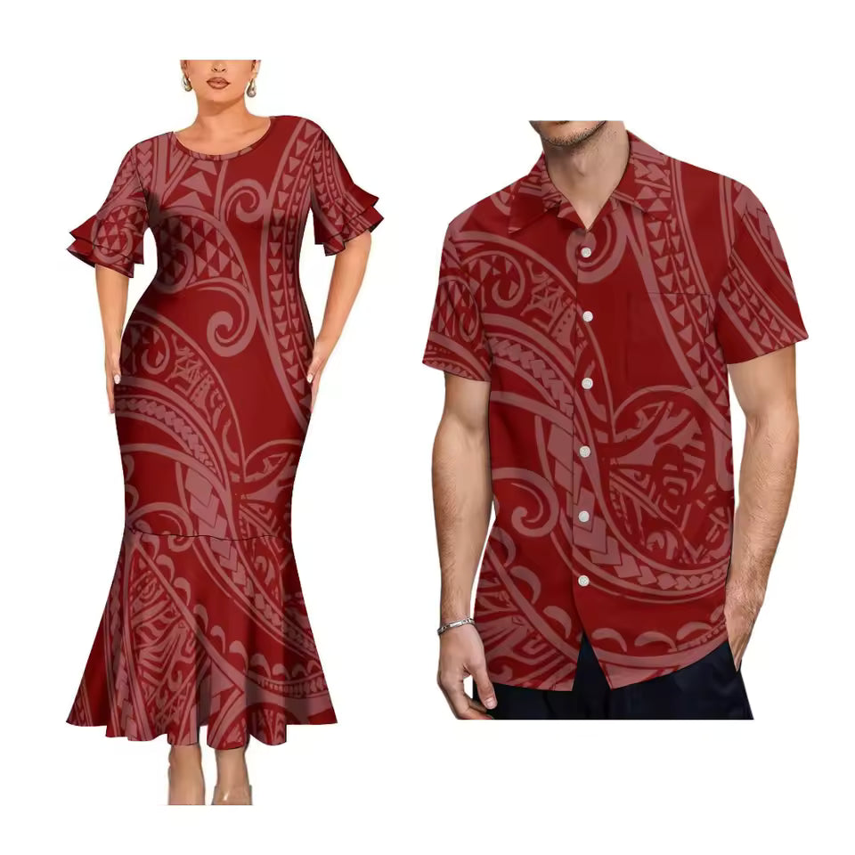 Polynesian Pattern Red Matching Outfit For Couple Polynesian Tribal Printed Short Sleeve Mermaid Long Dress And Hawaiian Shirt
