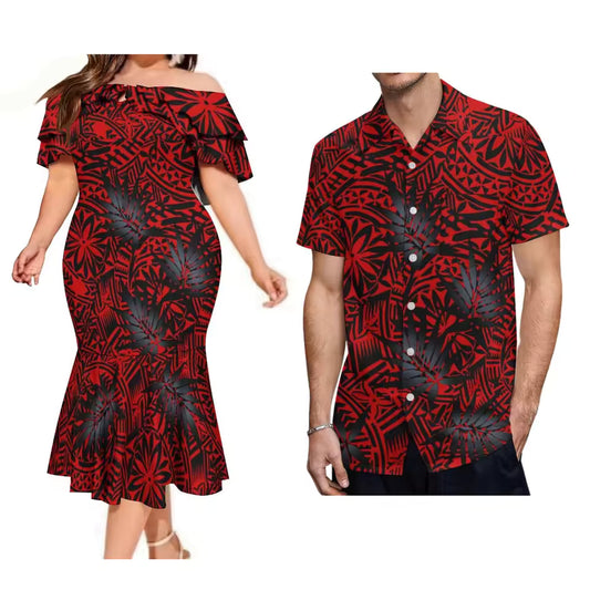 Polynesian Tribal Pattern Matching Outfit For Couple Polynesian Tropical Ruffled Fishtail Dress And Hawaiian Shirt Ourfit Set