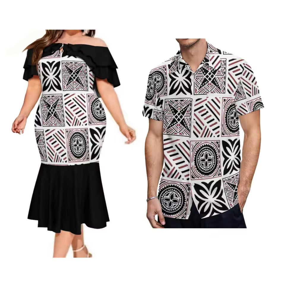 Polynesian Tribal Pattern Couple Set Summer Polynesian Printed Ruffled Fishtail Dress And Hawaiian Shirt Matching Ourfit For Couple