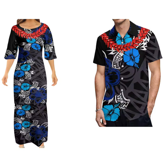 Polynesian Hibiscus Floral Matching Outfit For Couple Women's Dress Polynesian Vintage Grain Ula Nifo Print Samoan Necklace Party Evening Couple Shirt Set