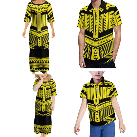 Yellow Polynesian Retro Tribal Print Ethnic Women's Puletasi Men'S Shirt Adult Children Samoan Matching Outfit For Family Clothing