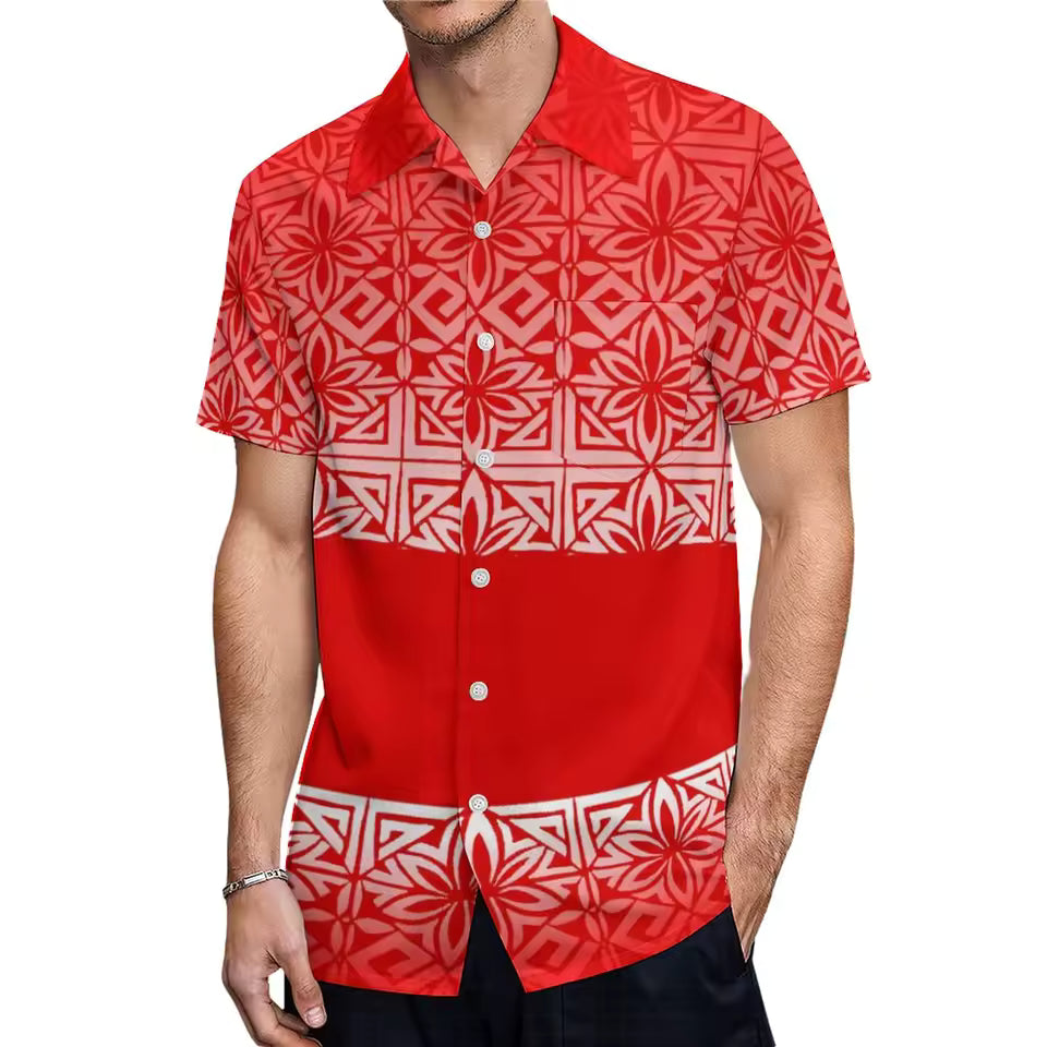 Island Art Red Matching Outfit For Couple Polynesian Tribal Pattern Dress Summer Puletasi Elegant Set Dress And Hawaiian Shirt Party Dress