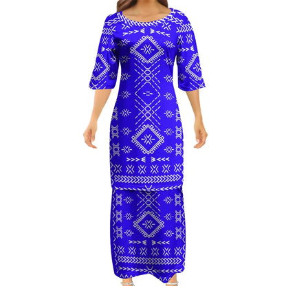 Samoan Blue Puletasi Polynesian Tattoo Pattern Matching Outfit For Couple Women Dresses lady Design Dress Matching Men's Short-Sleeved Shirts Couple Suit