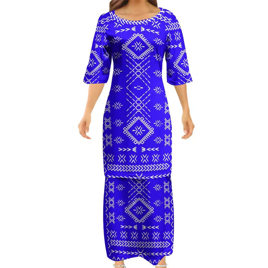 Samoan Blue Puletasi Polynesian Tattoo Pattern Matching Outfit For Couple Women Dresses lady Design Dress Matching Men's Short-Sleeved Shirts Couple Suit
