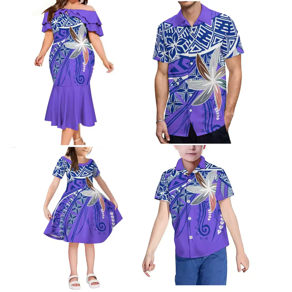 Purple Matching Outfit For Family Polynesian Flower Pattern Ruffled Long Dress And Shirt