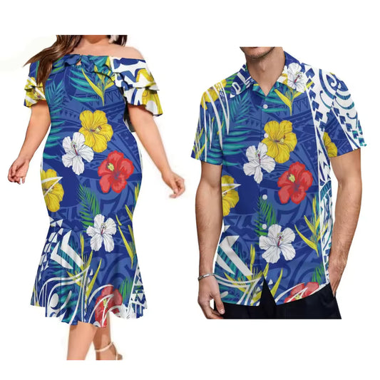 Polynesian Islands Floral Pattern Couple Set Printed Ruffled Fishtail Dress And Hawaiian Shirt Matching Ourfit For Couple